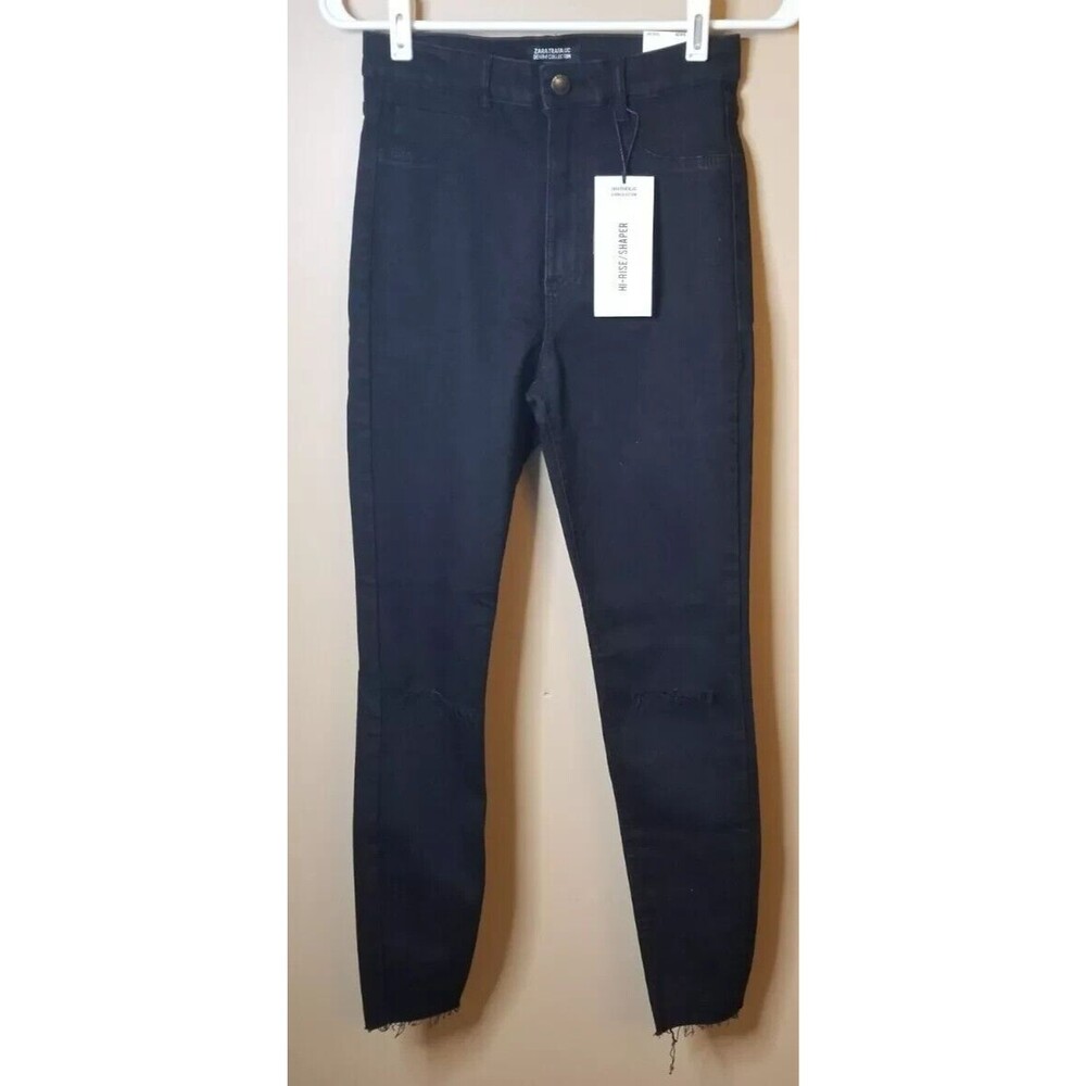 ZARA Black Dark Wash Denim High Waist Straight Leg Raw Hem Jeans size 6